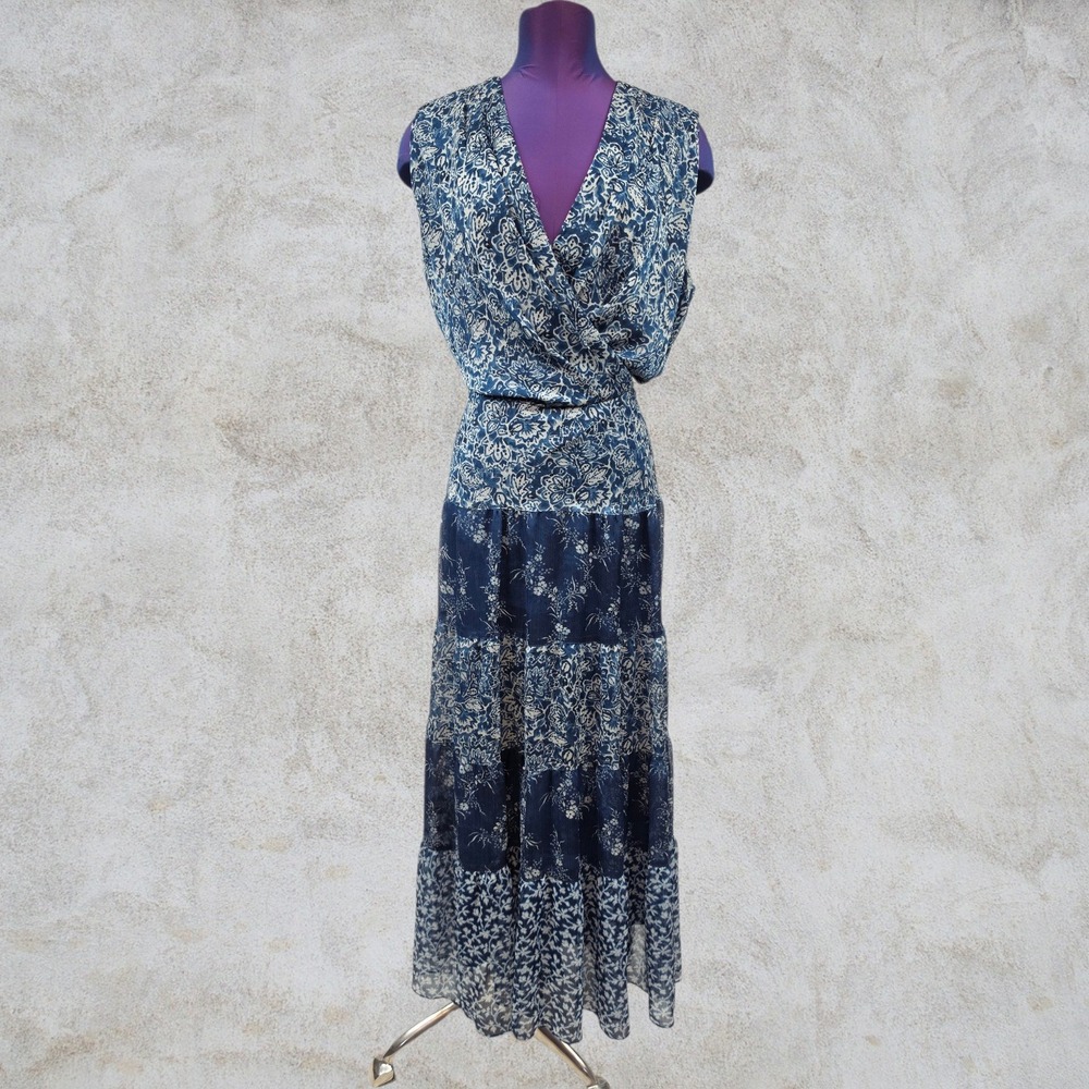 Ralph Lauren Black Label Blue Georgette Floral Tiered Midi Dress Size 14 - Picture 1 of 8